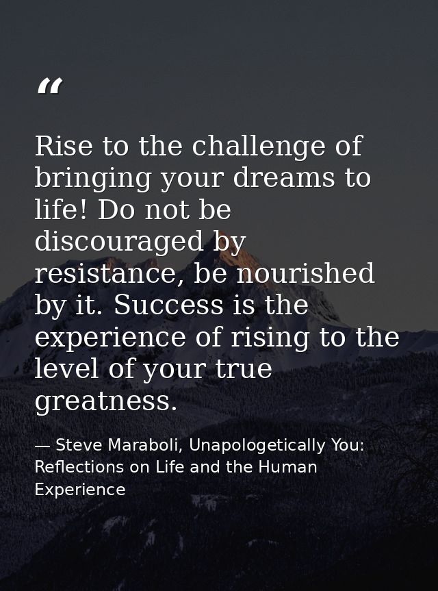 Rise to the challenge of bringing your dreams to life! Do not be discouraged by resistance, be nourished by it. Success  — Steve Maraboli, Unapologetically You: Reflections on Life and the Human Experience
