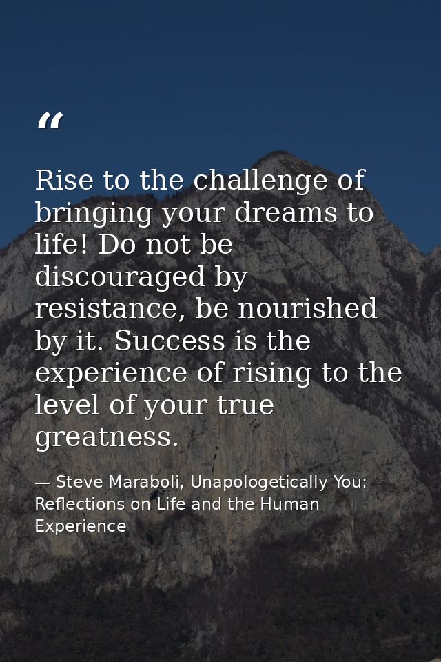 Rise to the challenge of bringing your dreams to life! Do not be discouraged by resistance, be nourished by it. Success  — Steve Maraboli, Unapologetically You: Reflections on Life and the Human Experience