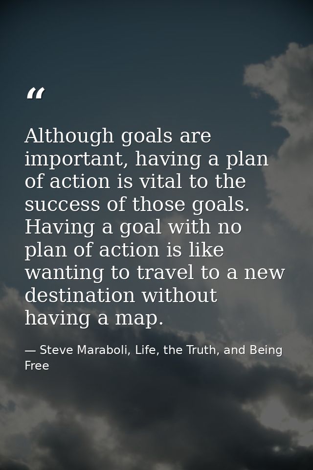 Although goals are important, having a plan of action is vital to the success of those goals. Having a goal with no plan — Steve Maraboli, Life, the Truth, and Being Free