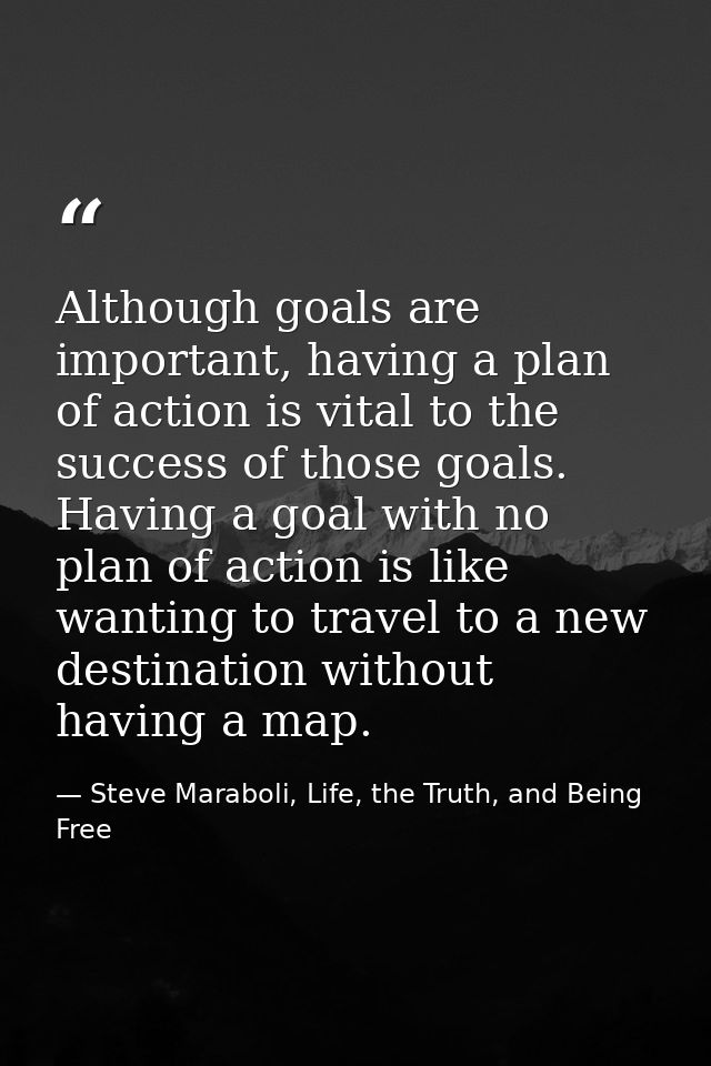 Although goals are important, having a plan of action is vital to the success of those goals. Having a goal with no plan — Steve Maraboli, Life, the Truth, and Being Free