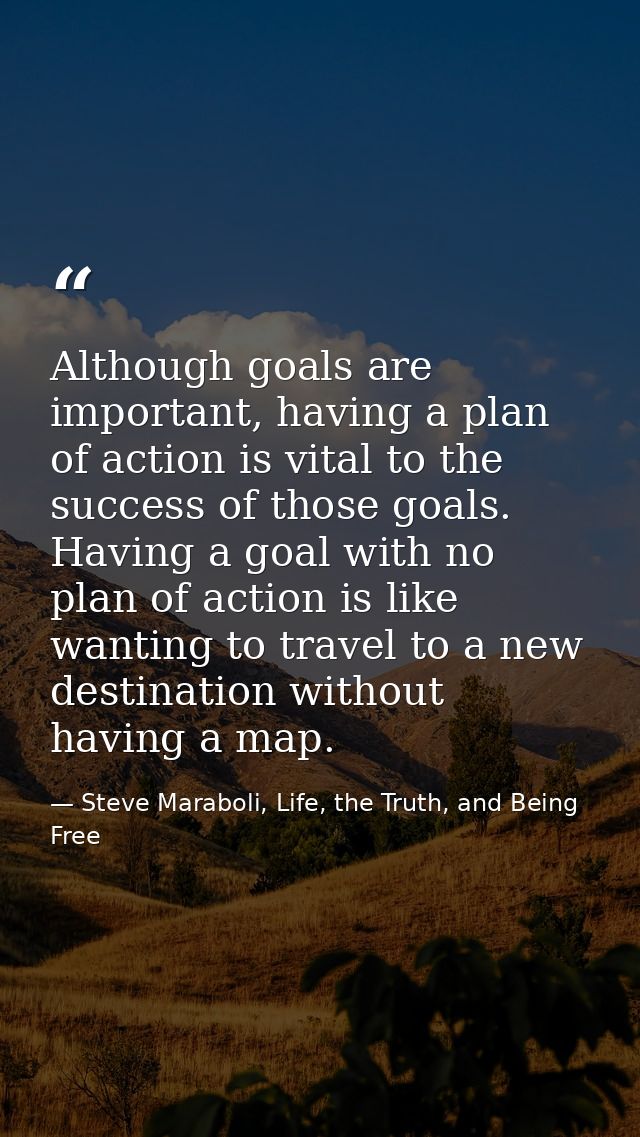 Although goals are important, having a plan of action is vital to the success of those goals. Having a goal with no plan — Steve Maraboli, Life, the Truth, and Being Free