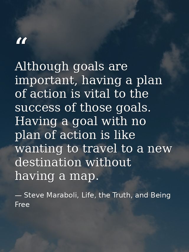 Although goals are important, having a plan of action is vital to the success of those goals. Having a goal with no plan — Steve Maraboli, Life, the Truth, and Being Free