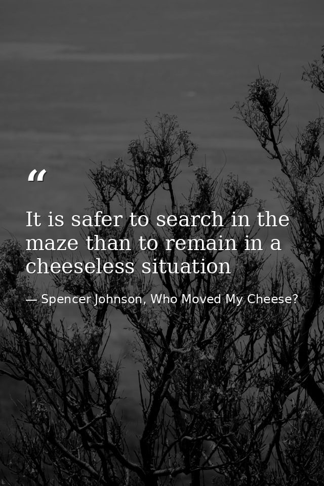 It is safer to search in the maze than to remain in a cheeseless situation — Spencer Johnson, Who Moved My Cheese?