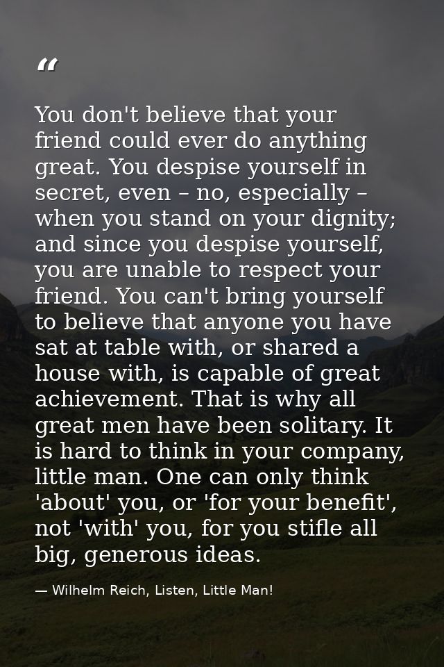 You don't believe that your friend could ever do anything great. You despise yourself in secret, even – no, especially – — Wilhelm Reich, Listen, Little Man!