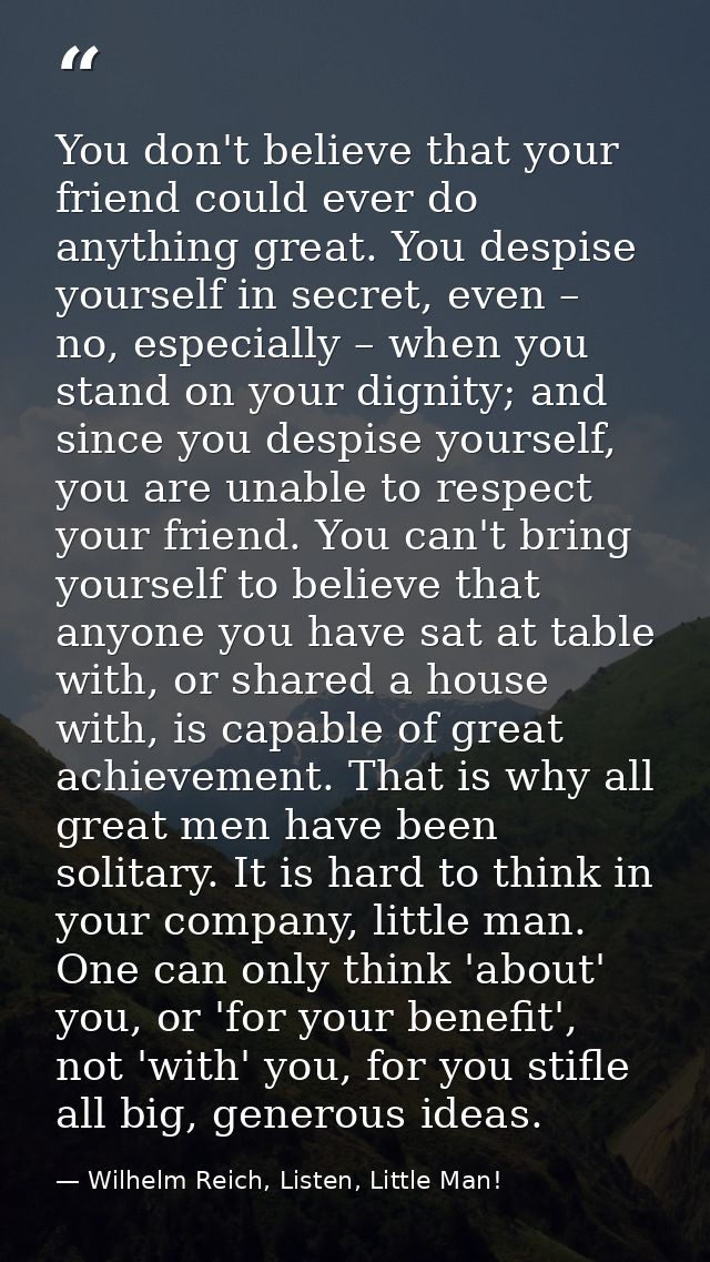 You don't believe that your friend could ever do anything great. You despise yourself in secret, even – no, especially – — Wilhelm Reich, Listen, Little Man!