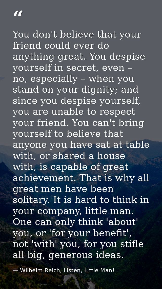 You don't believe that your friend could ever do anything great. You despise yourself in secret, even – no, especially – — Wilhelm Reich, Listen, Little Man!