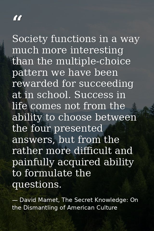 Society functions in a way much more interesting than the multiple-choice pattern we have been rewarded for succeeding a — David Mamet, The Secret Knowledge: On the Dismantling of American Culture