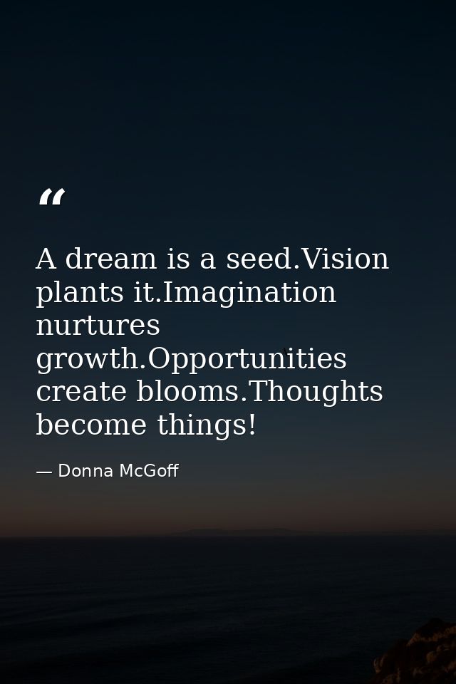 A dream is a seed.Vision plants it.Imagination nurtures growth.Opportunities create blooms.Thoughts become things! — Donna McGoff