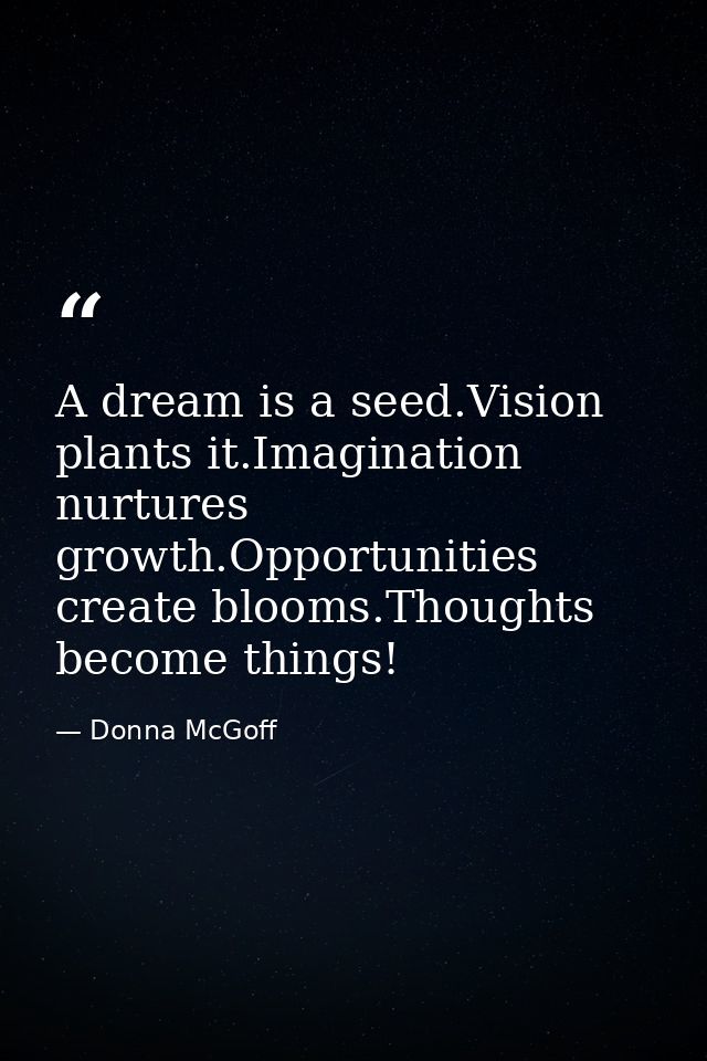 A dream is a seed.Vision plants it.Imagination nurtures growth.Opportunities create blooms.Thoughts become things! — Donna McGoff