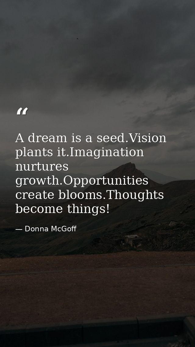 A dream is a seed.Vision plants it.Imagination nurtures growth.Opportunities create blooms.Thoughts become things! — Donna McGoff