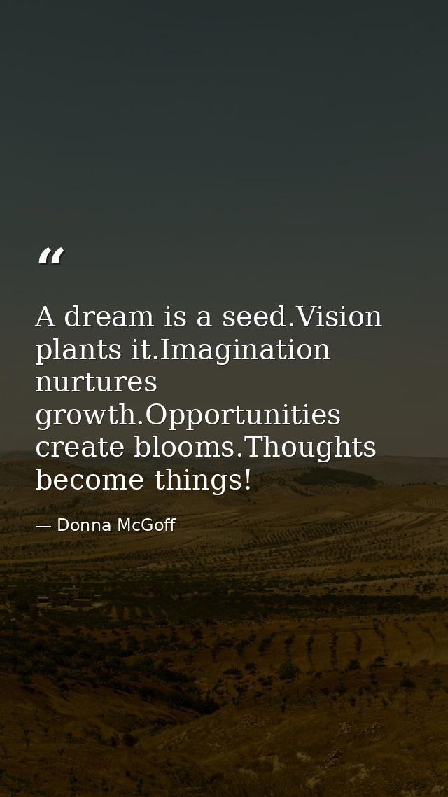A dream is a seed.Vision plants it.Imagination nurtures growth.Opportunities create blooms.Thoughts become things! — Donna McGoff