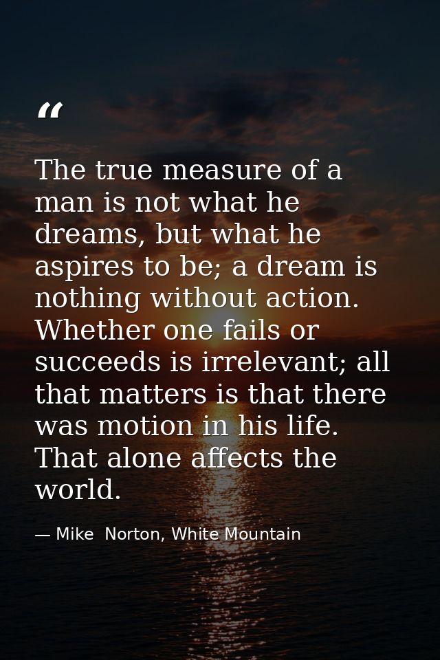 The true measure of a man is not what he dreams, but what he aspires to be; a dream is nothing without action. Whether o — Mike  Norton, White Mountain