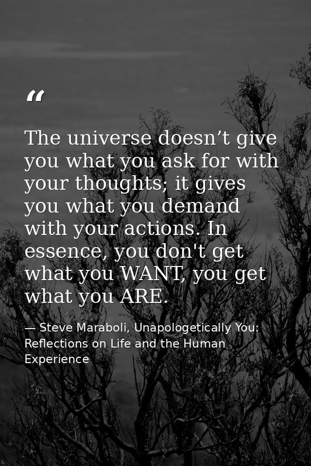 The universe doesn’t give you what you ask for with your thoughts; it gives you what you demand with your actions. In es — Steve Maraboli, Unapologetically You: Reflections on Life and the Human Experience