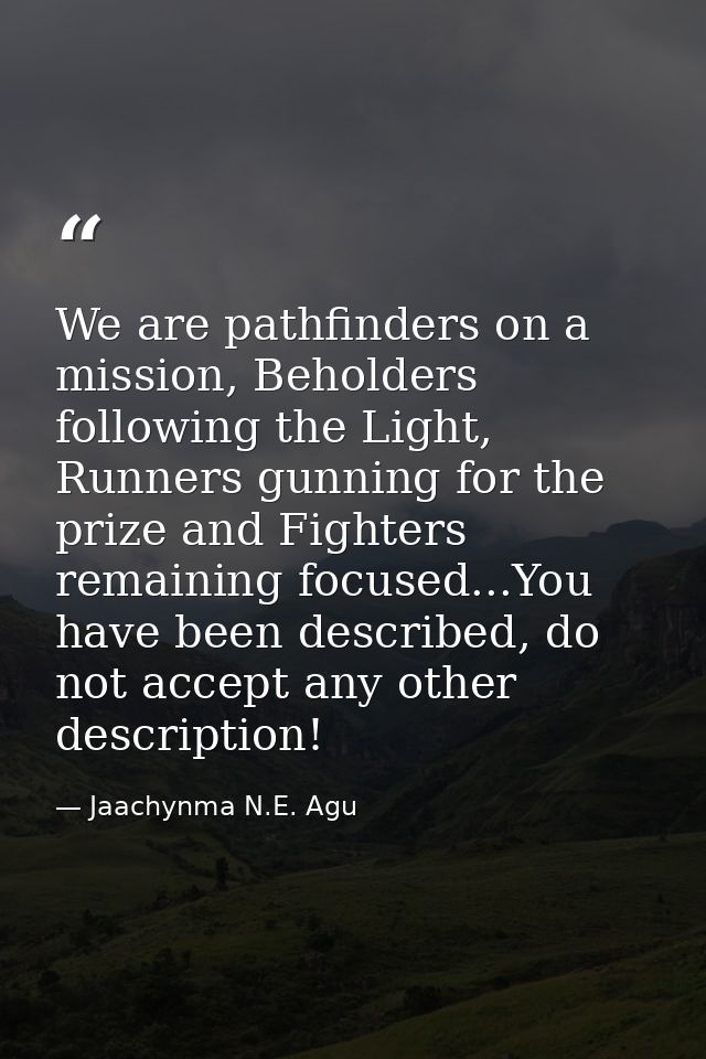 We are pathfinders on a mission, Beholders following the Light, Runners gunning for the prize and Fighters remaining foc — Jaachynma N.E. Agu
