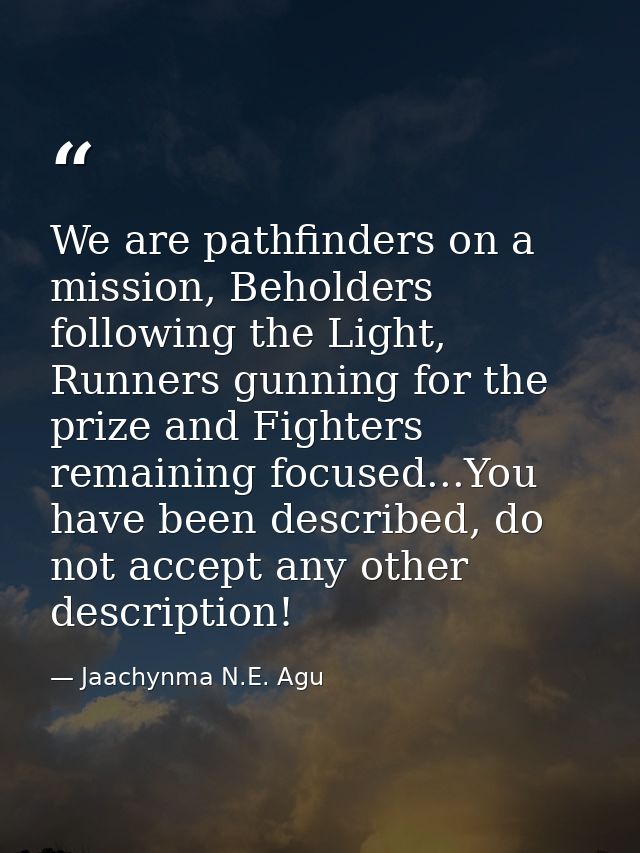 We are pathfinders on a mission, Beholders following the Light, Runners gunning for the prize and Fighters remaining foc — Jaachynma N.E. Agu