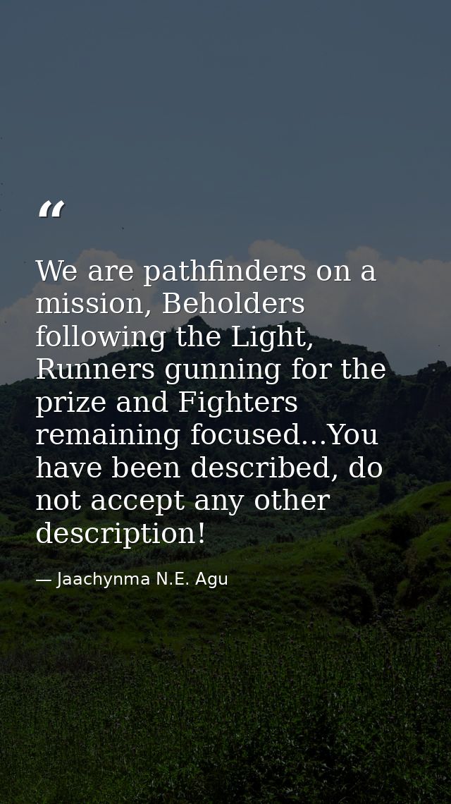 We are pathfinders on a mission, Beholders following the Light, Runners gunning for the prize and Fighters remaining foc — Jaachynma N.E. Agu