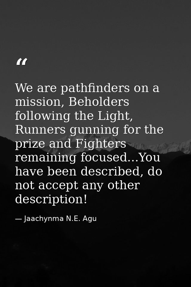 We are pathfinders on a mission, Beholders following the Light, Runners gunning for the prize and Fighters remaining foc — Jaachynma N.E. Agu