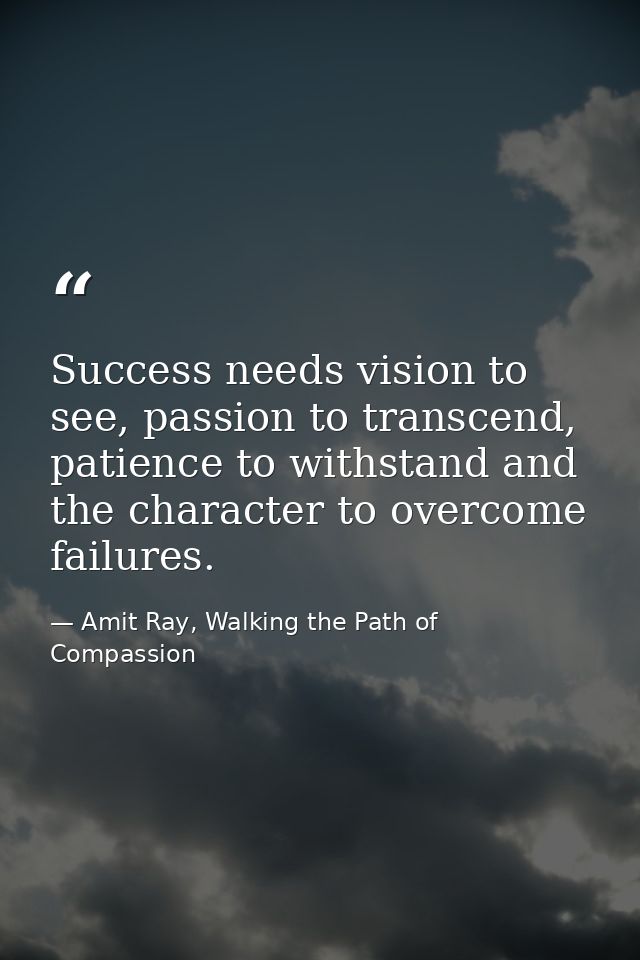 Success needs vision to see, passion to transcend, patience to withstand and the character to overcome failures. — Amit Ray, Walking the Path of Compassion