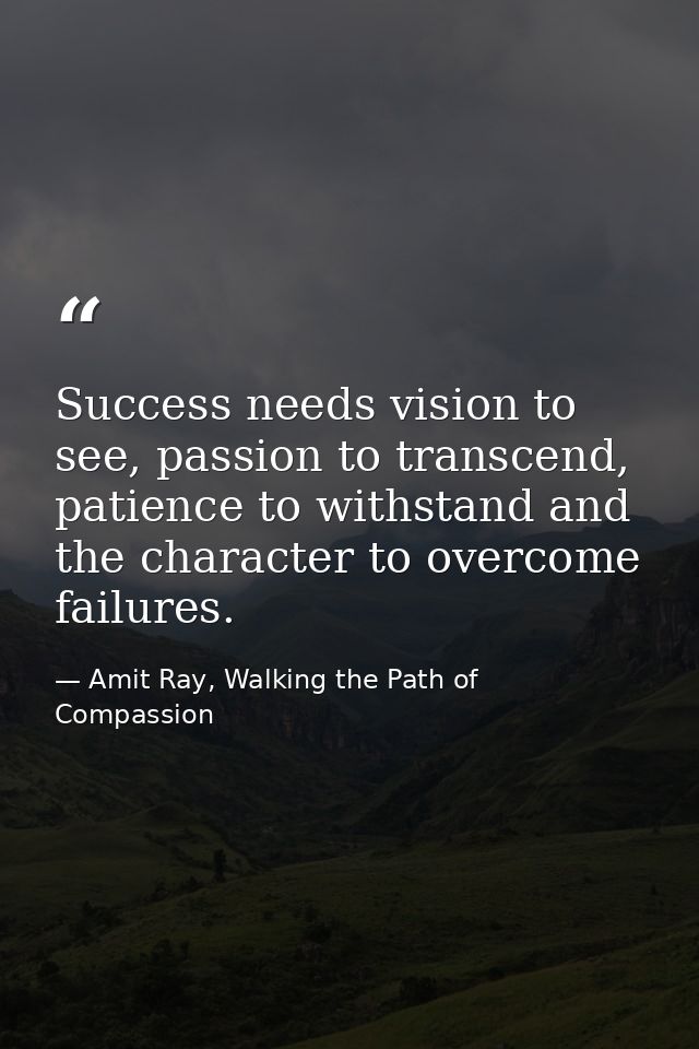 Success needs vision to see, passion to transcend, patience to withstand and the character to overcome failures. — Amit Ray, Walking the Path of Compassion