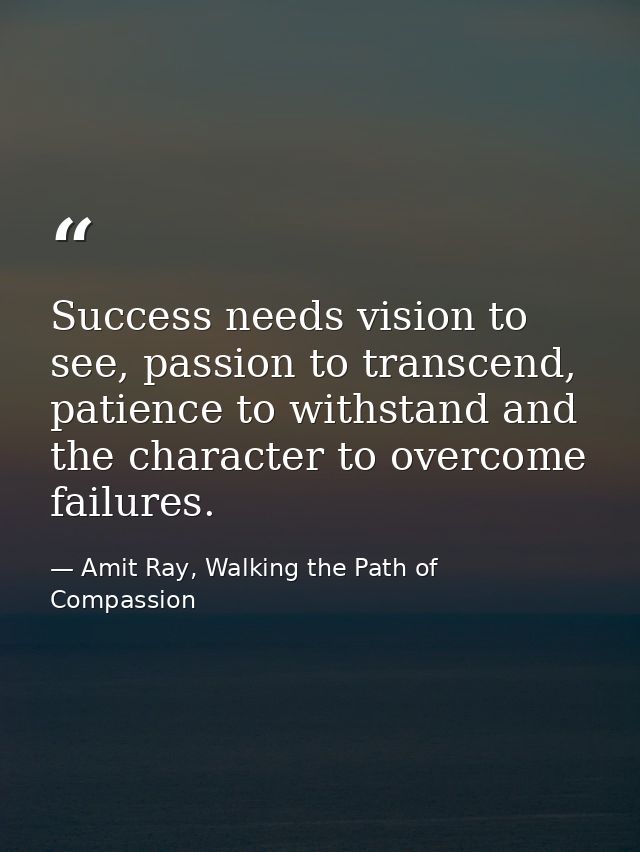 Success needs vision to see, passion to transcend, patience to withstand and the character to overcome failures. — Amit Ray, Walking the Path of Compassion