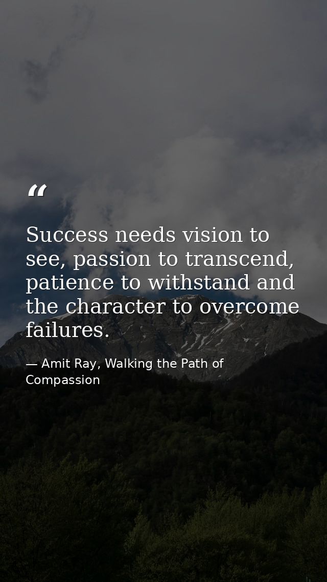 Success needs vision to see, passion to transcend, patience to withstand and the character to overcome failures. — Amit Ray, Walking the Path of Compassion
