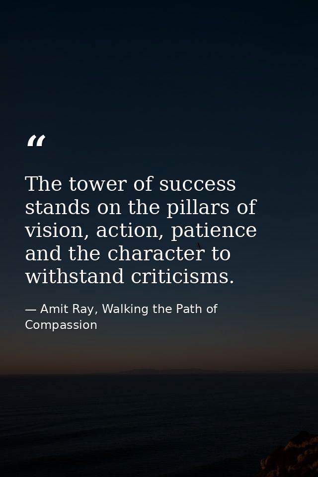 The tower of success stands on the pillars of vision, action, patience and the character to withstand criticisms. — Amit Ray, Walking the Path of Compassion
