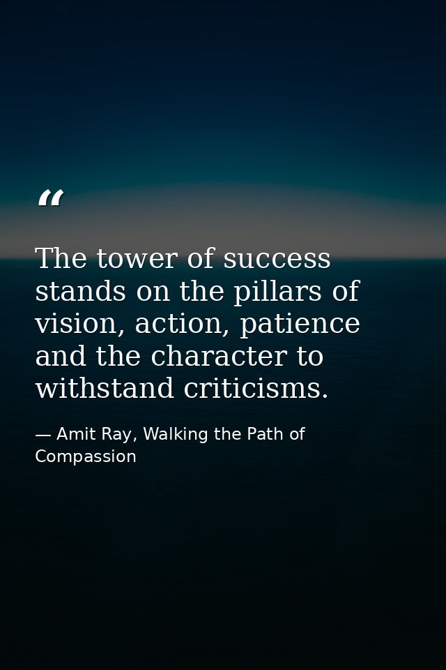 The tower of success stands on the pillars of vision, action, patience and the character to withstand criticisms. — Amit Ray, Walking the Path of Compassion