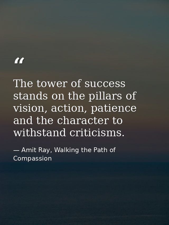 The tower of success stands on the pillars of vision, action, patience and the character to withstand criticisms. — Amit Ray, Walking the Path of Compassion
