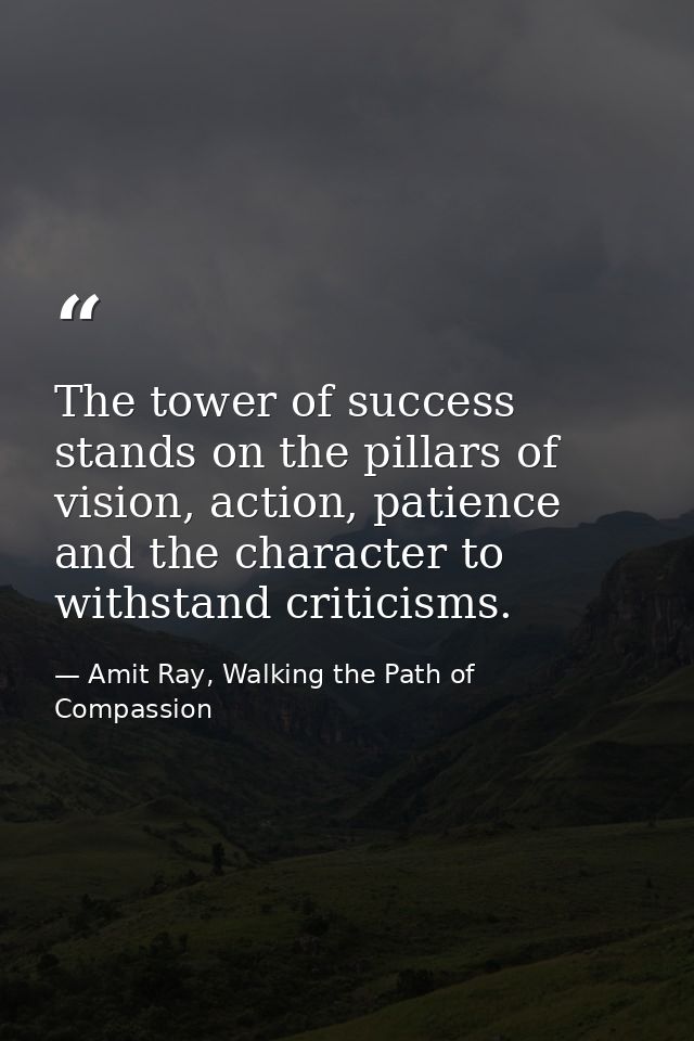 The tower of success stands on the pillars of vision, action, patience and the character to withstand criticisms. — Amit Ray, Walking the Path of Compassion