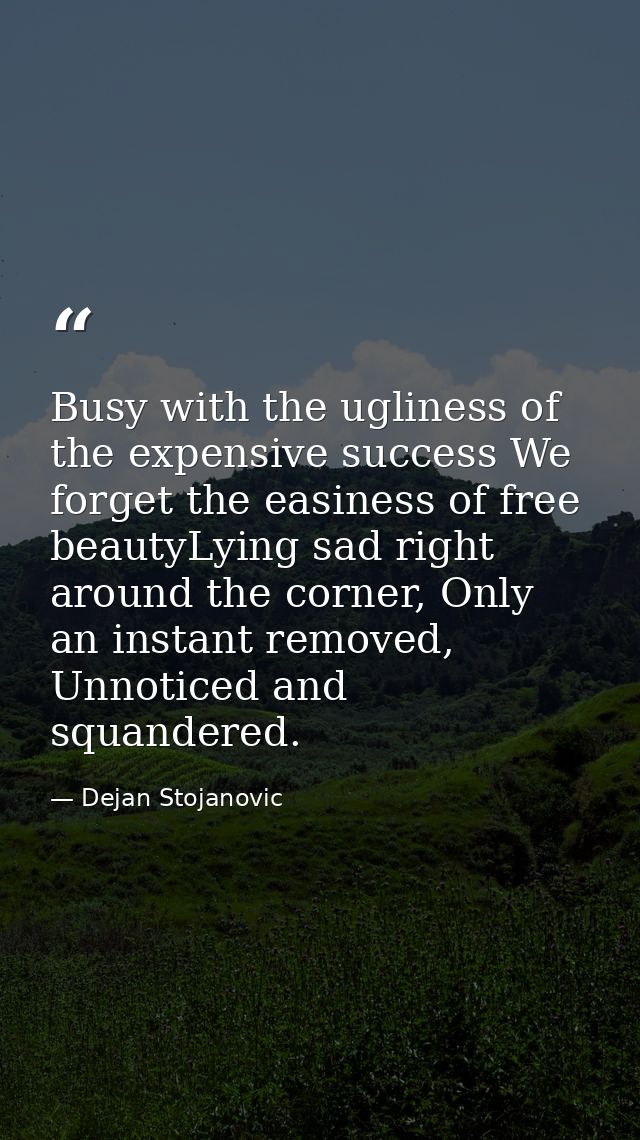 Busy with the ugliness of the expensive success We forget the easiness of free beautyLying sad right around the corner,  — Dejan Stojanovic