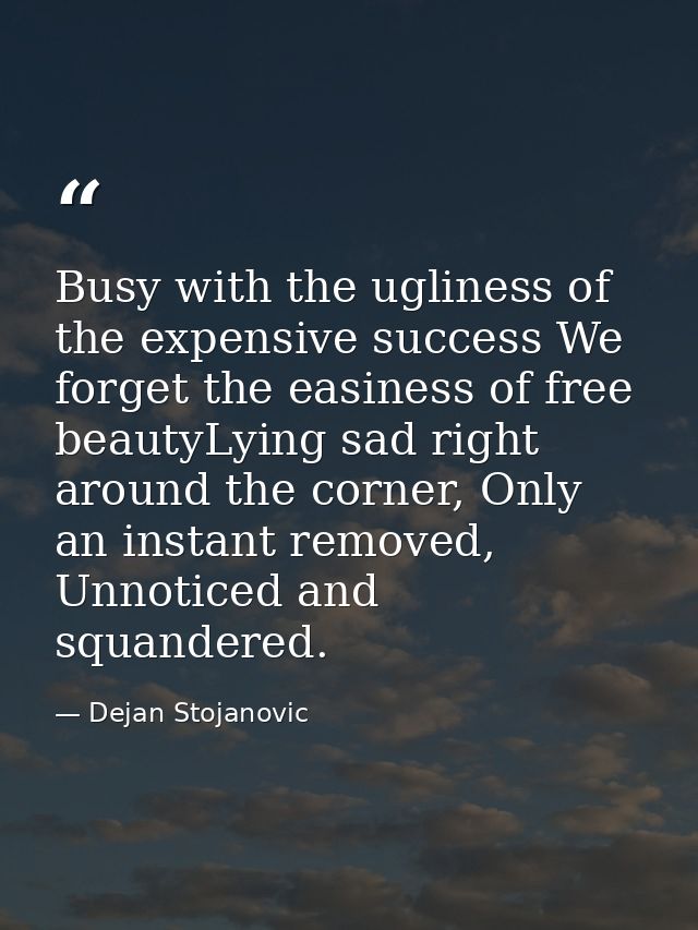 Busy with the ugliness of the expensive success We forget the easiness of free beautyLying sad right around the corner,  — Dejan Stojanovic