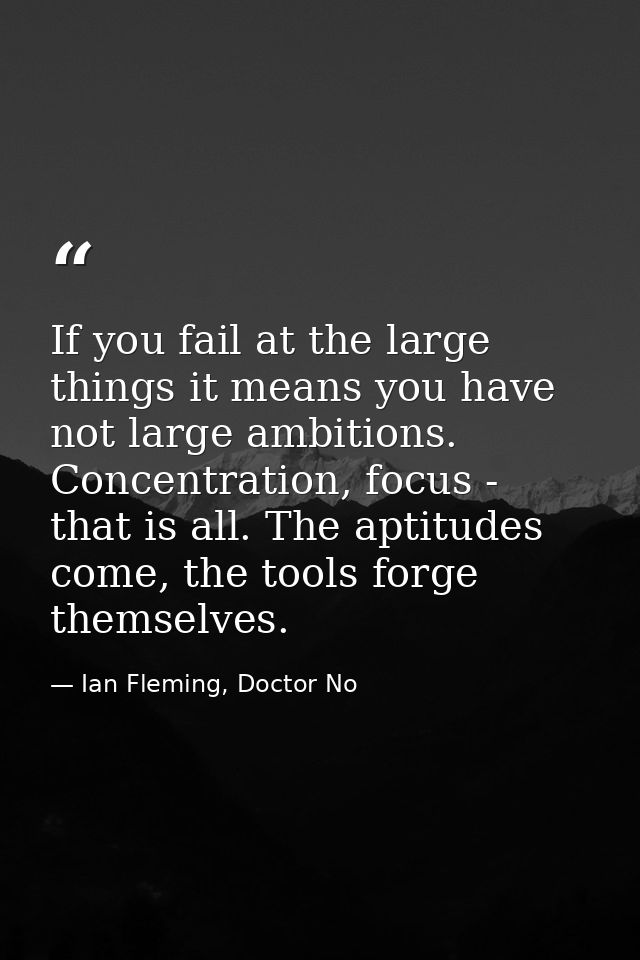 If you fail at the large things it means you have not large ambitions. Concentration, focus - that is all. The aptitudes — Ian Fleming, Doctor No