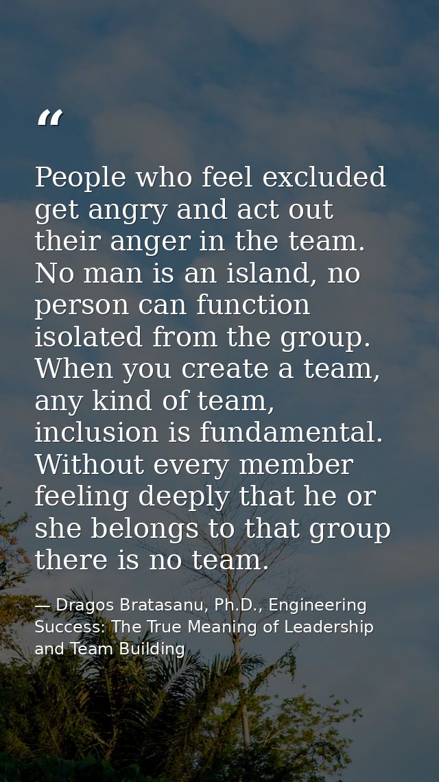 People who feel excluded get angry and act out their anger in the team. No man is an island, no person can function isol — Dragos Bratasanu, Ph.D., Engineering Success: The True Meaning of Leadership and Team Building