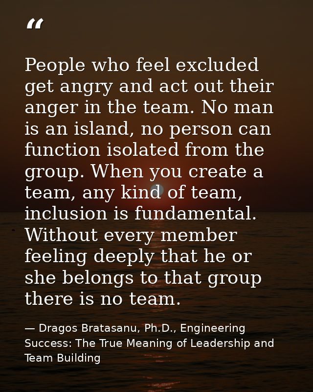 People who feel excluded get angry and act out their anger in the team. No man is an island, no person can function isol — Dragos Bratasanu, Ph.D., Engineering Success: The True Meaning of Leadership and Team Building