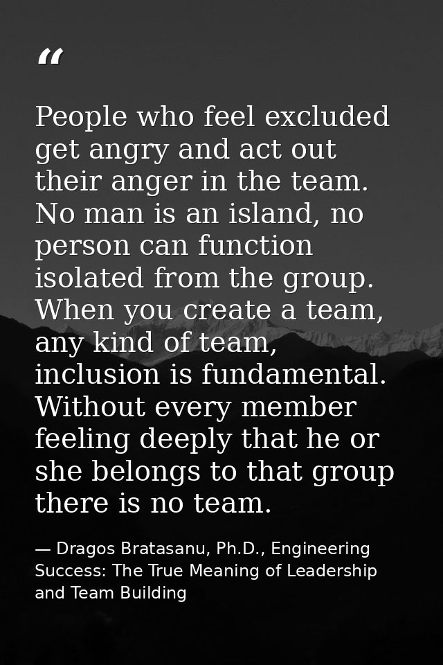 People who feel excluded get angry and act out their anger in the team. No man is an island, no person can function isol — Dragos Bratasanu, Ph.D., Engineering Success: The True Meaning of Leadership and Team Building