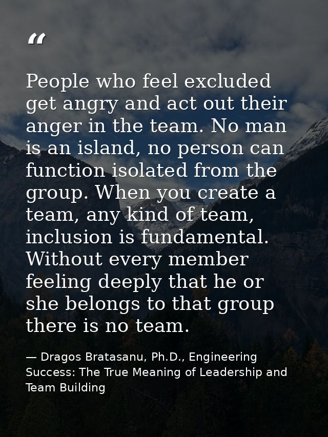 People who feel excluded get angry and act out their anger in the team. No man is an island, no person can function isol — Dragos Bratasanu, Ph.D., Engineering Success: The True Meaning of Leadership and Team Building