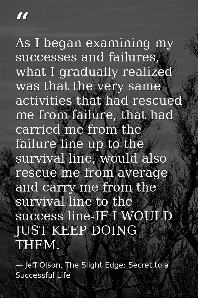 As I began examining my successes and failures, what I gradually realized was that the very same activities that had res — Jeff Olson, The Slight Edge: Secret to a Successful Life