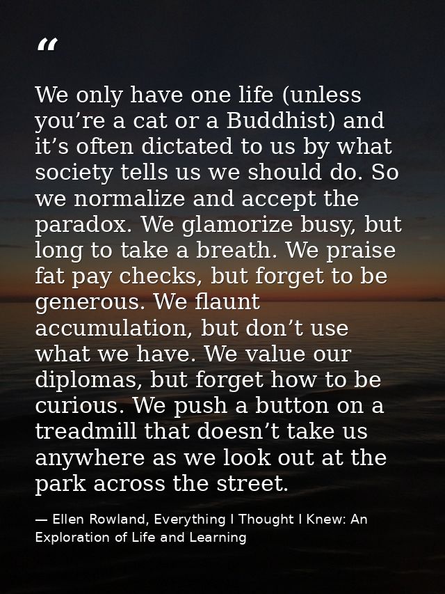 We only have one life (unless you’re a cat or a Buddhist) and it’s often dictated to us by what society tells us we shou — Ellen Rowland, Everything I Thought I Knew: An Exploration of Life and Learning