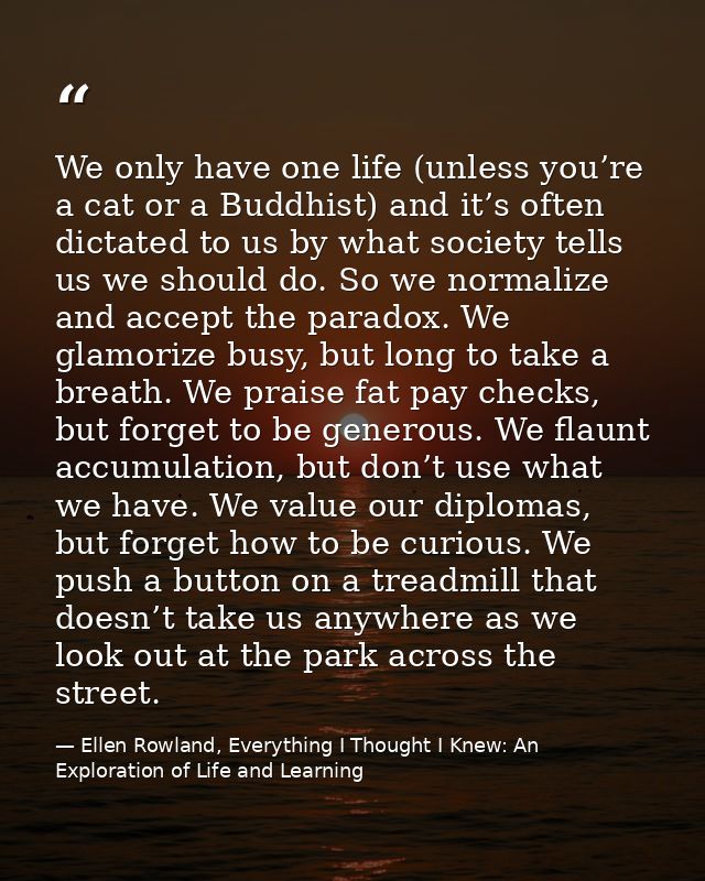 We only have one life (unless you’re a cat or a Buddhist) and it’s often dictated to us by what society tells us we shou — Ellen Rowland, Everything I Thought I Knew: An Exploration of Life and Learning