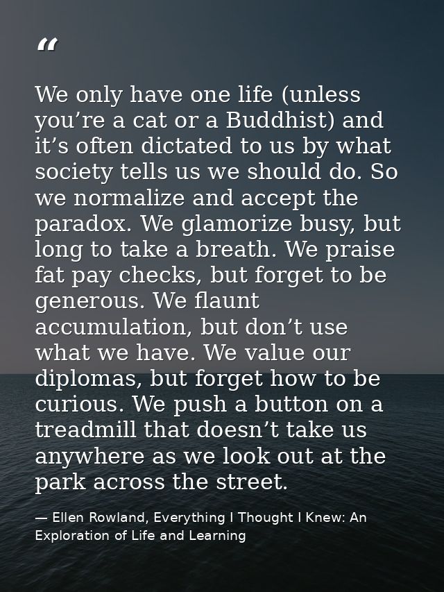 We only have one life (unless you’re a cat or a Buddhist) and it’s often dictated to us by what society tells us we shou — Ellen Rowland, Everything I Thought I Knew: An Exploration of Life and Learning