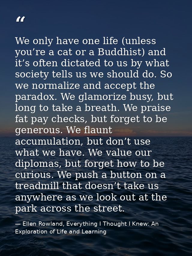 We only have one life (unless you’re a cat or a Buddhist) and it’s often dictated to us by what society tells us we shou — Ellen Rowland, Everything I Thought I Knew: An Exploration of Life and Learning
