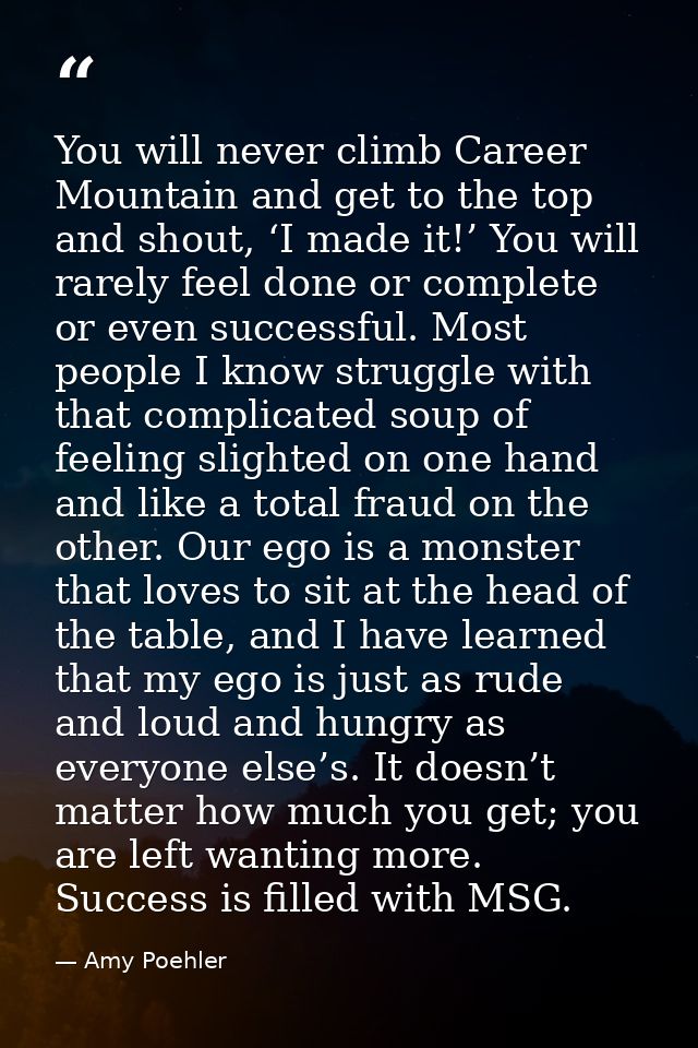 You will never climb Career Mountain and get to the top and shout, ‘I made it!’ You will rarely feel done or complete or — Amy Poehler