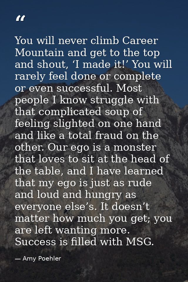 You will never climb Career Mountain and get to the top and shout, ‘I made it!’ You will rarely feel done or complete or — Amy Poehler