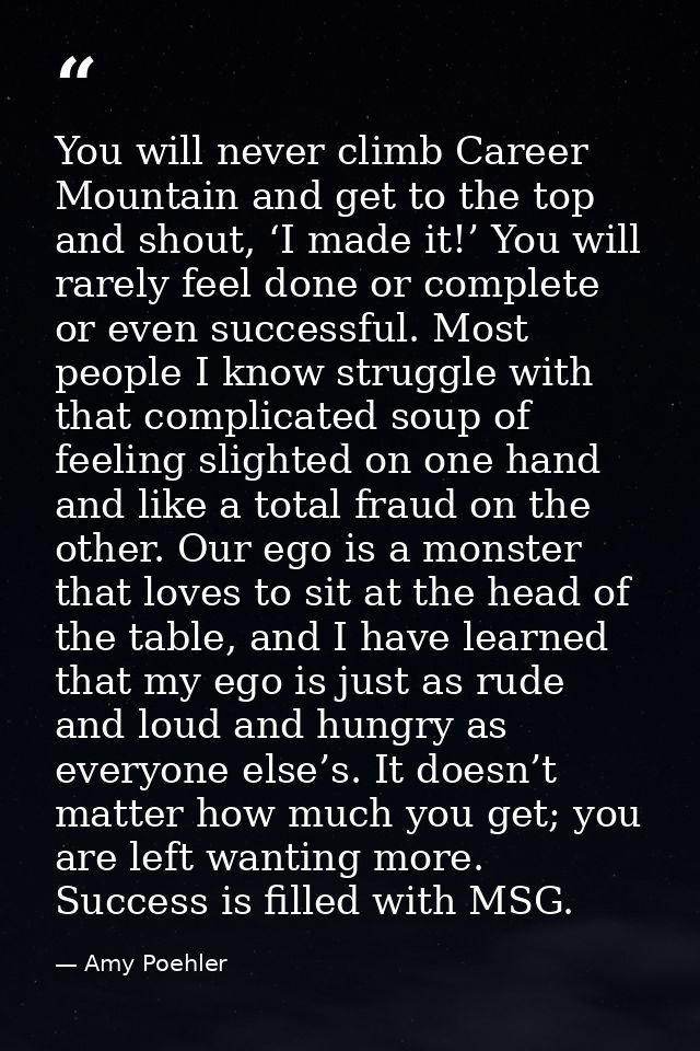 You will never climb Career Mountain and get to the top and shout, ‘I made it!’ You will rarely feel done or complete or — Amy Poehler