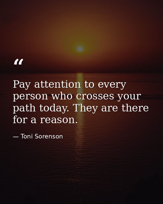 Pay attention to every person who crosses your path today. They are there for a reason. — Toni Sorenson