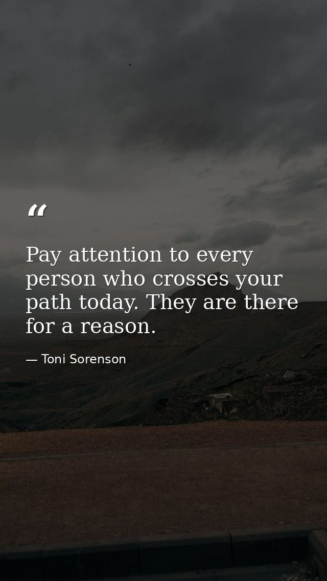 Pay attention to every person who crosses your path today. They are there for a reason. — Toni Sorenson