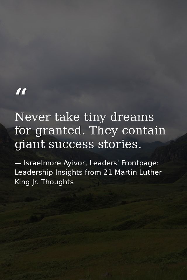 Never take tiny dreams for granted. They contain giant success stories. — Israelmore Ayivor, Leaders' Frontpage: Leadership Insights from 21 Martin Luther King Jr. Thoughts