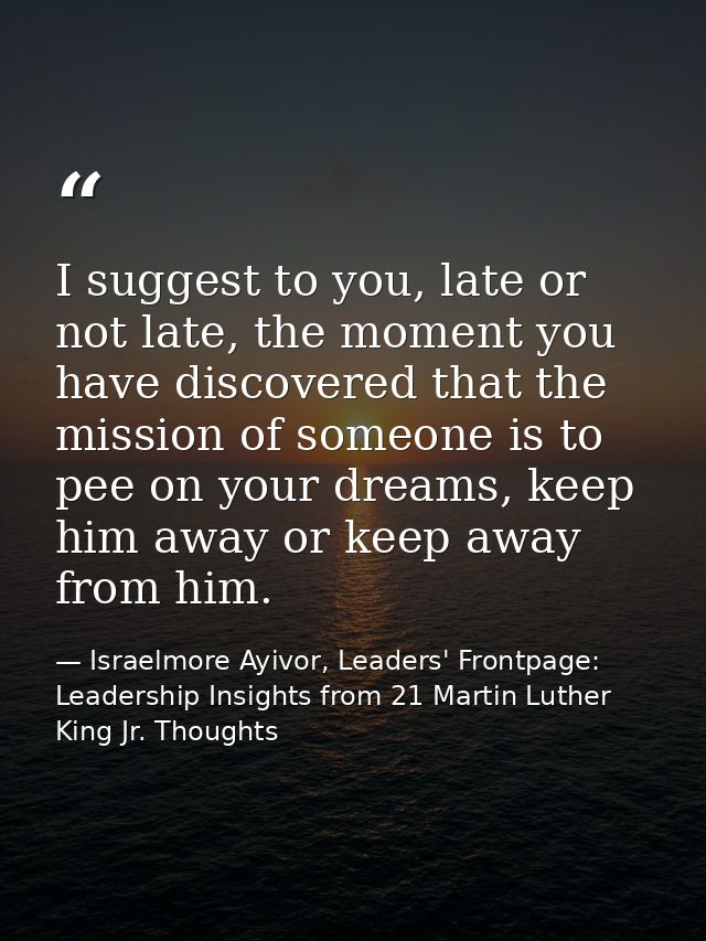 I suggest to you, late or not late, the moment you have discovered that the mission of someone is to pee on your dreams, — Israelmore Ayivor, Leaders' Frontpage: Leadership Insights from 21 Martin Luther King Jr. Thoughts