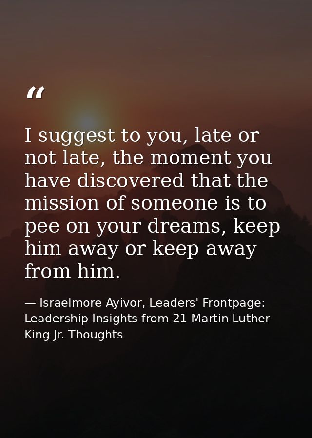 I suggest to you, late or not late, the moment you have discovered that the mission of someone is to pee on your dreams, — Israelmore Ayivor, Leaders' Frontpage: Leadership Insights from 21 Martin Luther King Jr. Thoughts