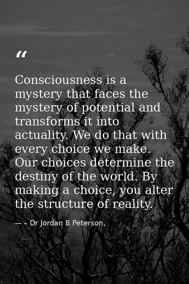 Consciousness is a mystery that faces the mystery of potential and transforms it into actuality. We do that with every c — – Dr Jordan B Peterson,